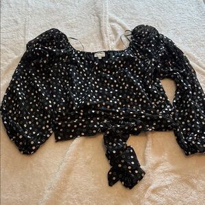 Elegant Black Polka Dot Cropped Blouse with Tie Front